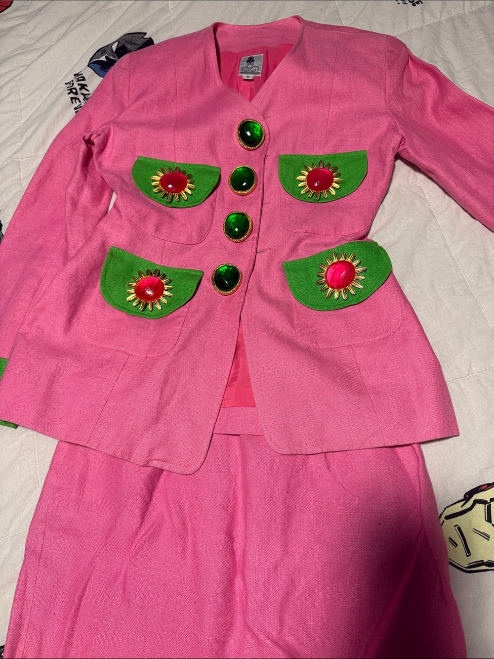 Gemma Kahng vintage Pink Blazer with Green Accent Pockets dress set us6